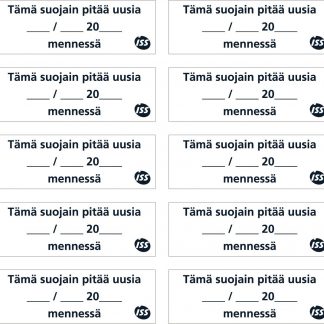 Tämä suojain pitää uusia tarra 60x20mm,10 tarraa/a